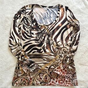 Cache Brown and White Graphic Blouse